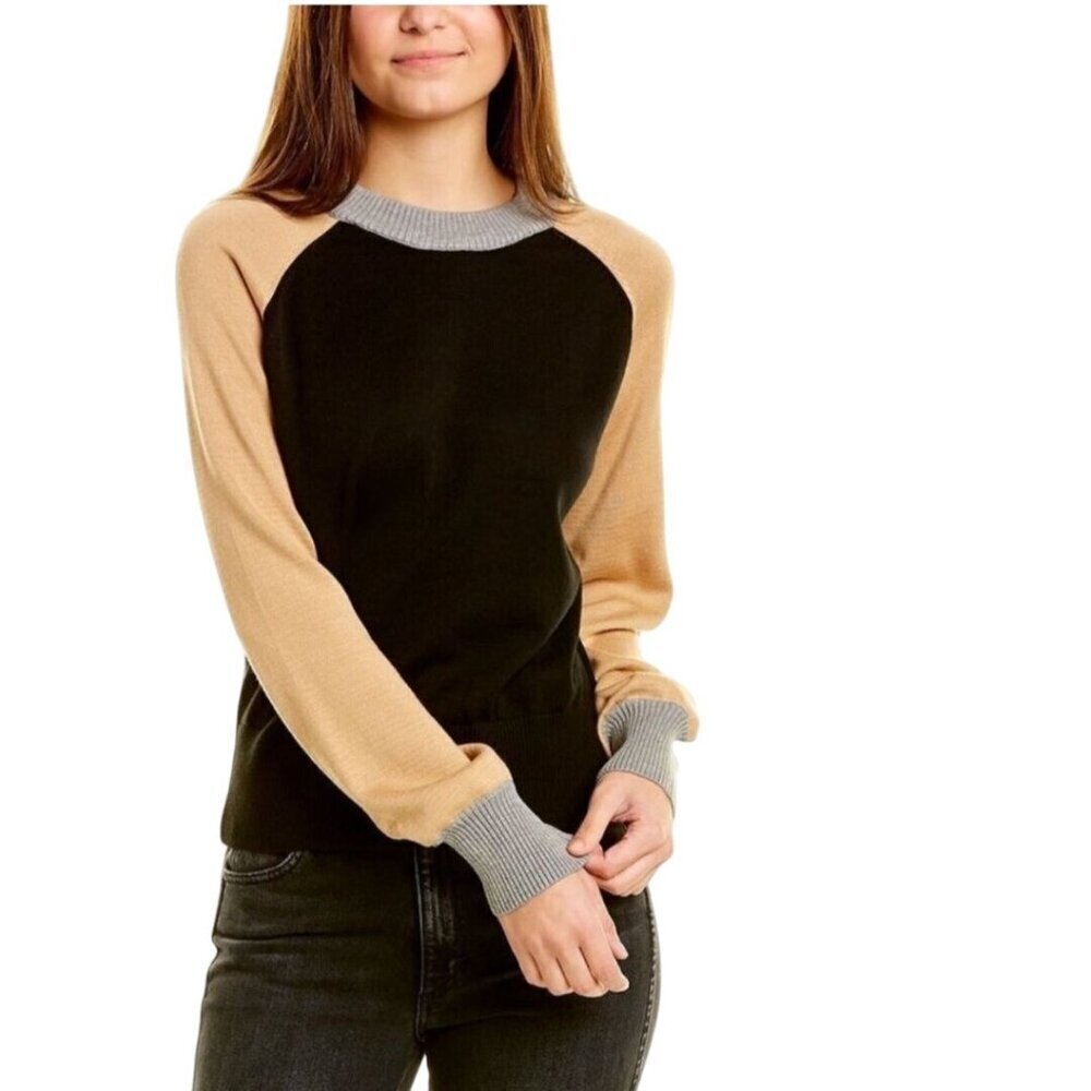 Monrow Neutral Quiet Luxury Color Block Crewneck Pullover Sweater Size S
